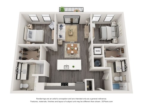 Floor plan for 2 beds, 2 baths, 1017 sqft