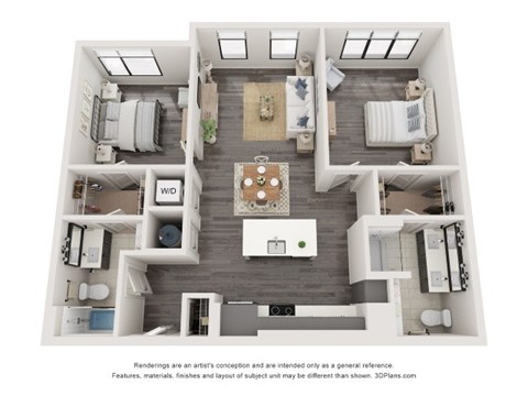 Floor plan for 2 beds, 2 baths, 1078 sqft