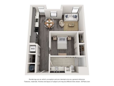 Floor plan for studio, 1 bath, 727 sqft