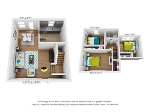 Floor plan for 3 beds, 1 bath, 1038 sqft