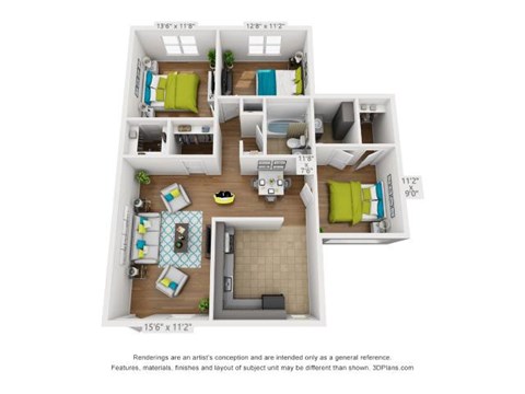 Floor plan for 3 beds, 2 baths, 1200 sqft