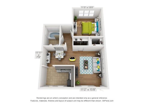 Floor plan for 1 bed, 1 bath, 670 sqft