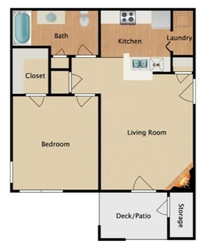 Floor plan for 1 bed, 1 bath, 715 sqft