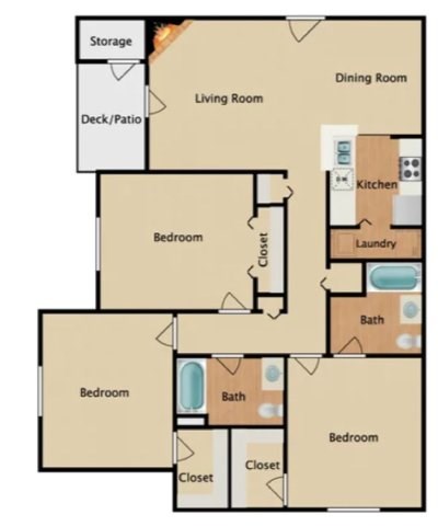 Floor plan for 3 beds, 2 baths, 1350 sqft