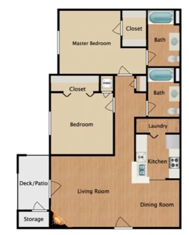 Floor plan for 2 beds, 2 baths, 1077 sqft