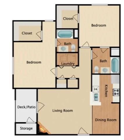 Floor plan for 2 beds, 2 baths, 1138 sqft