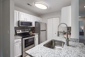 Columbia apartment for rent - A kitchen with granite countertops and stainless steel appliances.