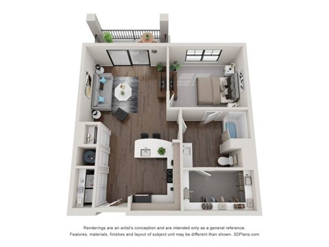 Floor plan for 1 bed, 1 bath, 835 sqft