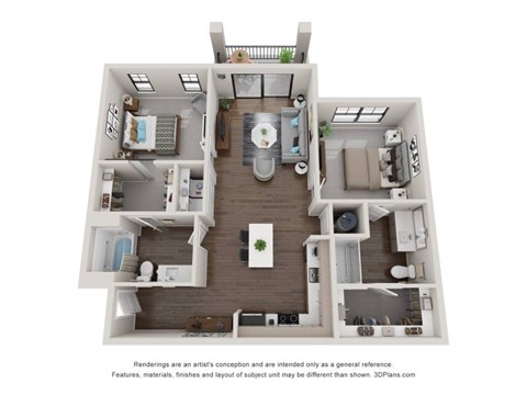 Floor plan for 2 beds, 2 baths, 1156 sqft