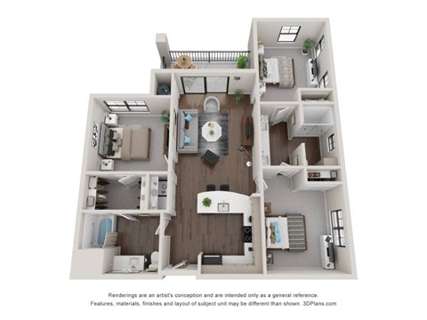 Floor plan for 3 beds, 2 baths, 1262 sqft