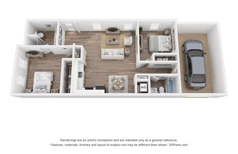 Floor plan for 2 beds, 2 baths, 1019 sqft