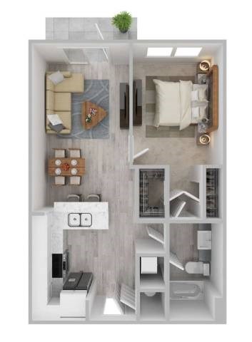 Floor plan for 1 bed, 1 bath, 709 sqft