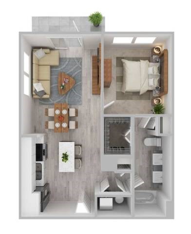 Floor plan for 1 bed, 1 bath, 763 sqft