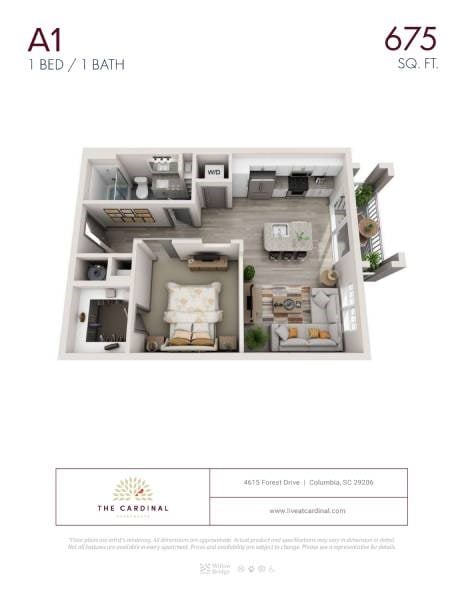 Floor plan for 1 bed, 1 bath, 675 sqft