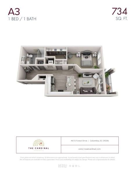 Floor plan for 1 bed, 1 bath, 734 sqft