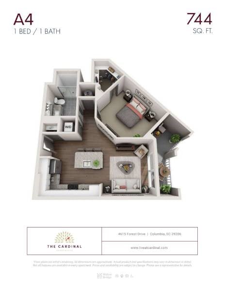 Floor plan for 1 bed, 1 bath, 744 sqft