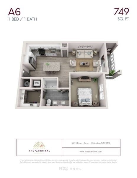 Floor plan for 1 bed, 1 bath, 749 sqft