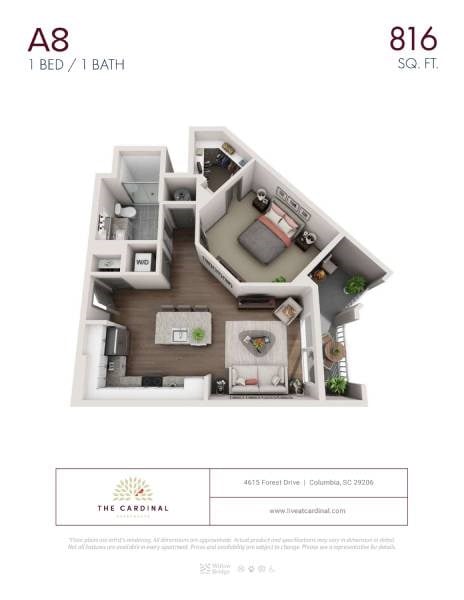 Floor plan for 1 bed, 1 bath, 816 sqft