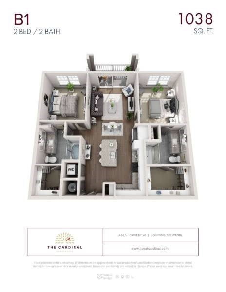 Floor plan for 2 beds, 2 baths, 1038 sqft