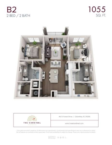 Floor plan for 2 beds, 2 baths, 1055 sqft