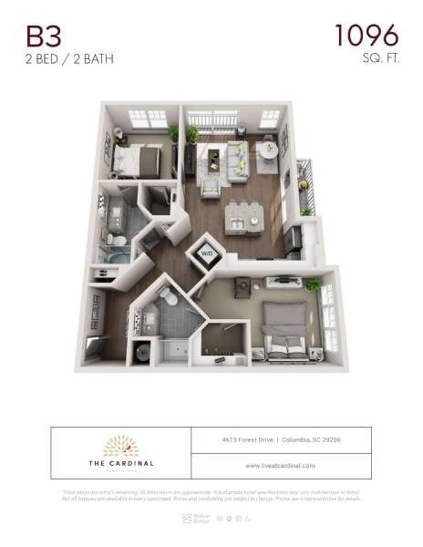 Floor plan for 2 beds, 2 baths, 1096 sqft