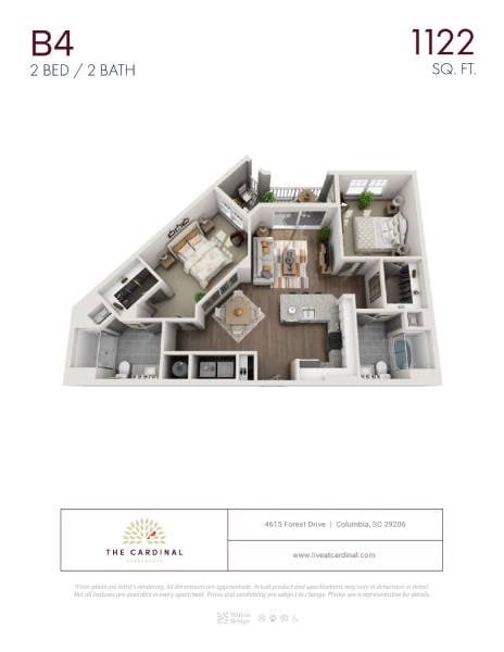 Floor plan for 2 beds, 2 baths, 1122 sqft