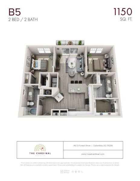 Floor plan for 2 beds, 2 baths, 1150 sqft