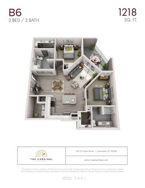 Floor plan for 2 beds, 2 baths, 1218 sqft
