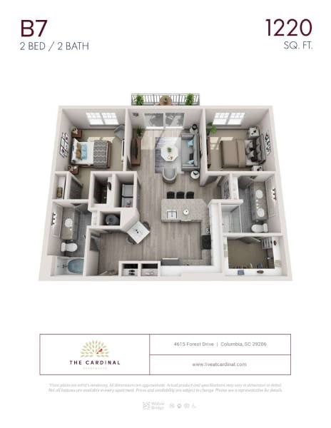Floor plan for 2 beds, 2 baths, 1220 sqft