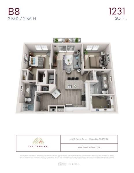 Floor plan for 2 beds, 2 baths, 1231 sqft