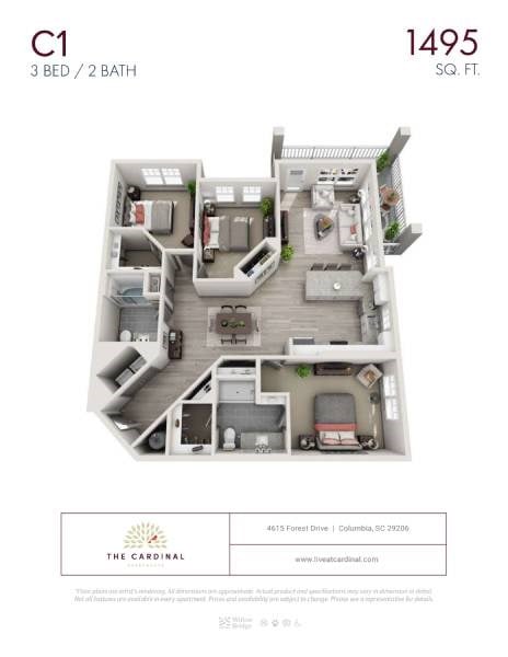 Floor plan for 3 beds, 2 baths, 1495 sqft