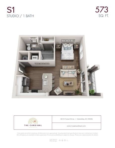 Floor plan for studio, 1 bath, 573 sqft