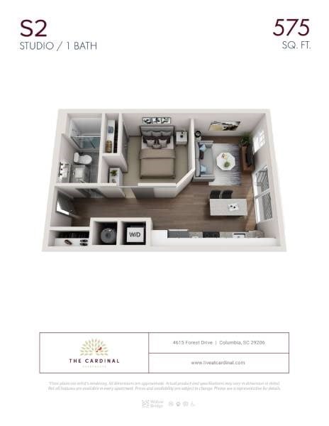 Floor plan for studio, 1 bath, 575 sqft