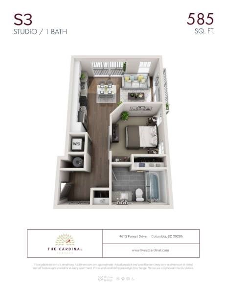 Floor plan for studio, 1 bath, 585 sqft