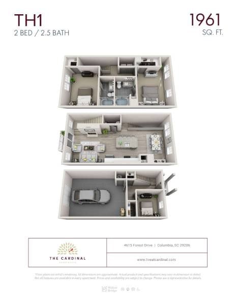 Floor plan for 2 beds, 2.5 baths, 1961 sqft