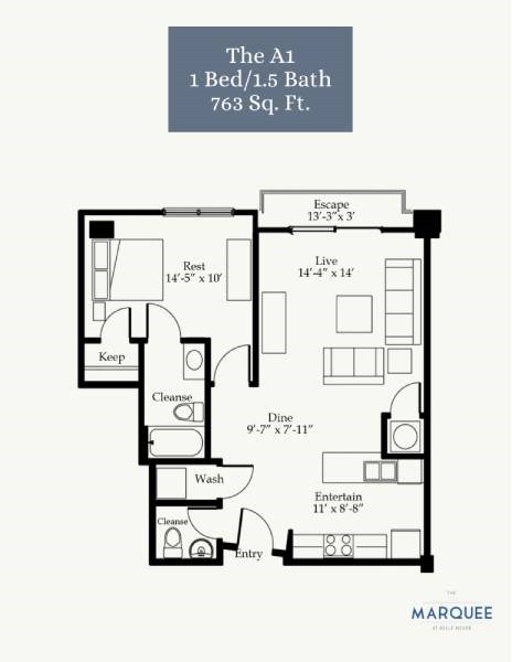 Floor plan for 1 bed, 1.5 baths