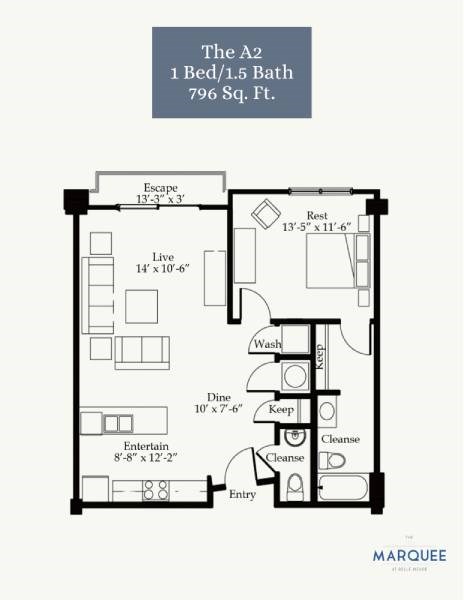 Floor plan for 1 bed, 1.5 baths, 796 sqft