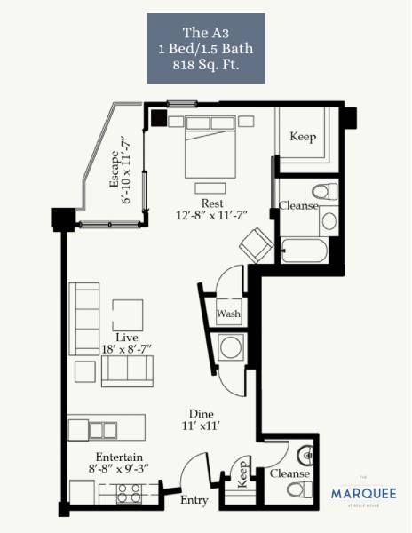Floor plan for 1 bed, 1.5 baths, 818 sqft