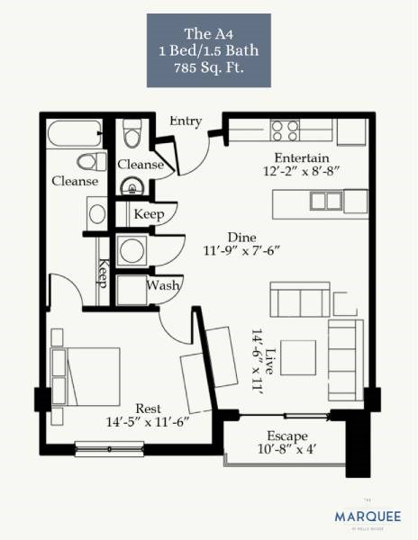 Floor plan for 1 bed, 1.5 baths