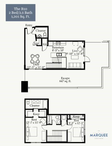 Floor plan for 2 beds, 2.5 baths, 1201 sqft