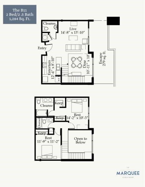 Floor plan for 2 beds, 2.5 baths, 1284 sqft