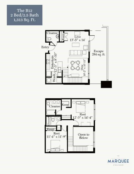 Floor plan for 2 beds, 2.5 baths, 1313 sqft