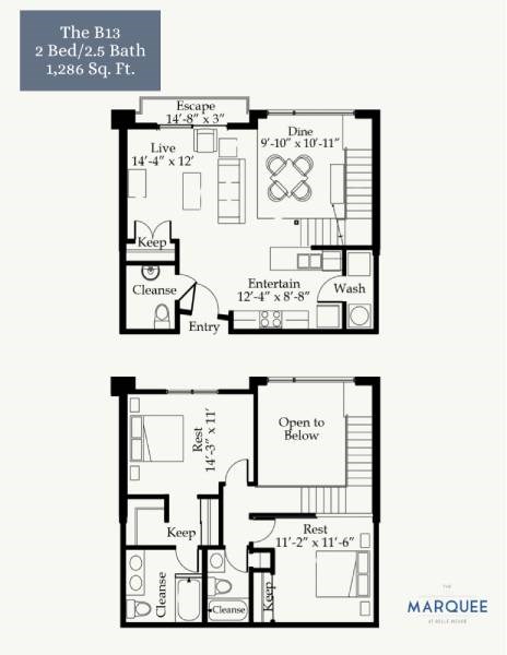 Floor plan for 2 beds, 2.5 baths, 1286 sqft
