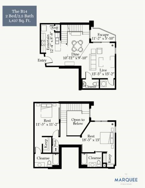 Floor plan for 2 beds, 2.5 baths, 1437 sqft