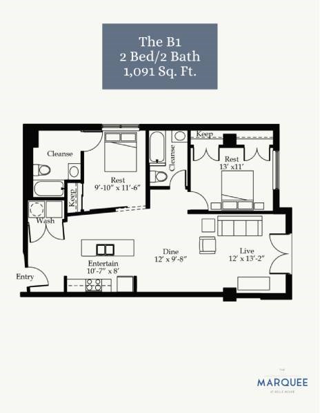 Floor plan for 2 beds, 2.5 baths