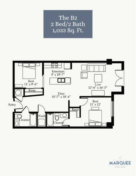 Floor plan for 2 beds, 2 baths