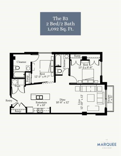 Floor plan for 2 beds, 2 baths, 1092 sqft