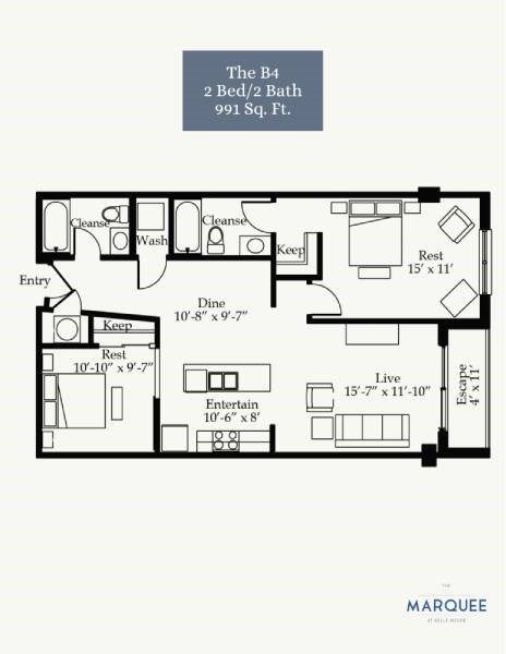 Floor plan for 2 beds, 2 baths, 991 sqft