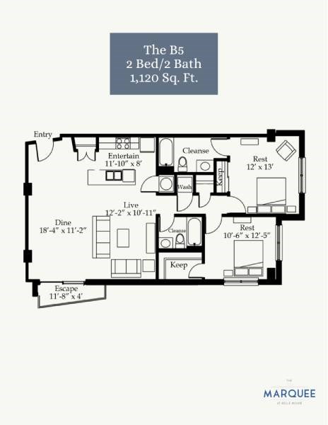 Floor plan for 2 beds, 2 baths