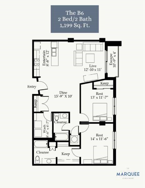 Floor plan for 2 beds, 2 baths, 1199 sqft